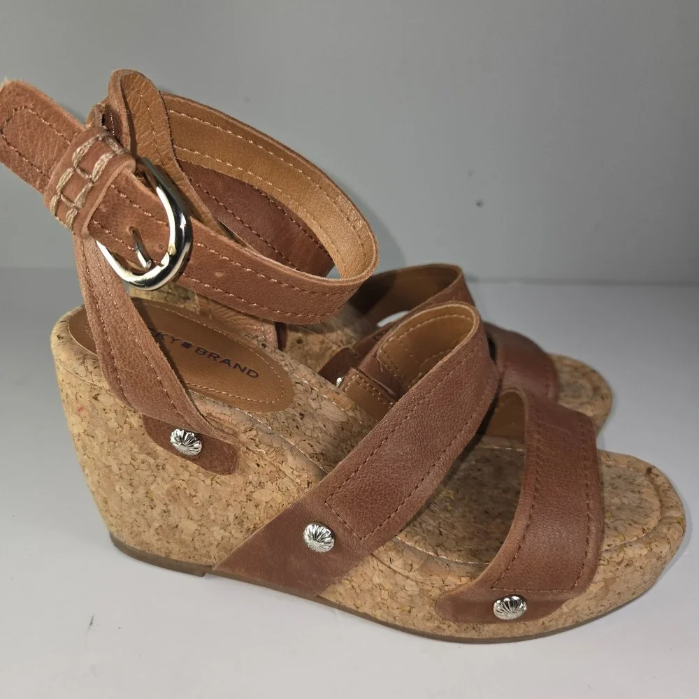 Lucky Brand Valintina Cork Wedge Sandals Brown Leather Ankle Strap Women's 8.5‎